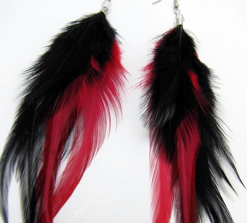 Feather Earrings Black and Red Feather Earrings Colorful Etsy