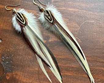 Real Rooster Feather Earrings - Pale Buttercream Yellow, Brown, Black - Long Boho Hippie Feather Earrings
