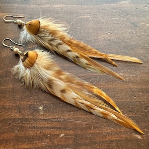 Real Feather Earrings - Golden Brown Rooster and Pheasant Feather Earrings - Long Beaded Feather Earrings - Western Boho Hippie Earrings