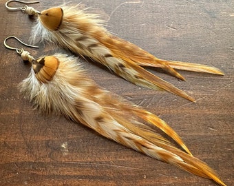 Real Feather Earrings - Golden Brown Rooster and Pheasant Feather Earrings - Long Beaded Feather Earrings - Western Boho (Ready to Ship)