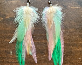 Spring Feather Earrings - Peach Pink Lilac and Mint - Long Fluffy Rooster Feather Earrings - Summer Festival Earrings (Ready to Ship)