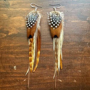 Real Feather Earrings - Cream White Brown Black and Blue Feather Earrings - Boho Hippie Western Earrings (Ready to Ship)