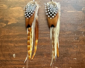 Real Feather Earrings - Cream White Brown Black and Blue Feather Earrings - Boho Hippie Western Earrings