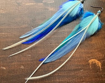 Blue Feather Earrings - Cobalt Turquoise and Cream White Feather Earrings - Long Beaded Rooster Feather Earrings (Ready to Ship)