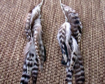 Feather Earrings - Long Feather Earrings - Black and White Feather Earrings - Striped Feather Earrings - Hippie Western Boho Earrings