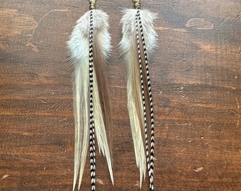 Real Feather Earrings - Long Striped Rooster Feather Earrings - Cream White Taupe Brown Black - Boho Feather Earrings (Ready to Ship)