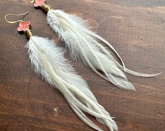 Fluffy White Feather Earrings - Long Natural Rooster Feather Earrings - Cream White Gold and Pink - Real Feather Earrings (Ready to Ship)