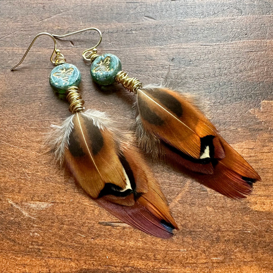Brown Feather Earrings Bee Earrings Beaded Pheasant Feather Earrings