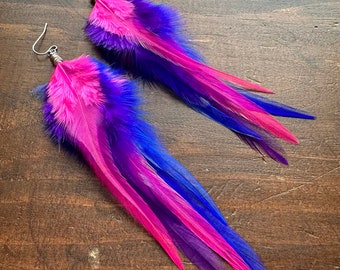 Bi Pride Feather Earrings - Pink Purple & Blue Feather Earrings - Bright Colorful Feather Earrings - Pride Festival Jewelry (Ready to Ship)