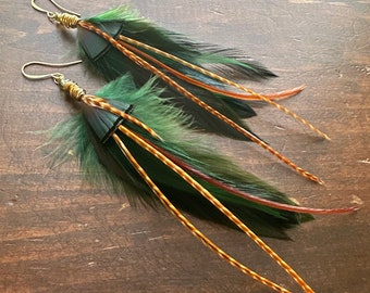 Green Feather Earrings - Green and Golden Brown Rooster Feather Earrings - Real Rooster and Pheasant Feather Earrings (Ready to Ship)