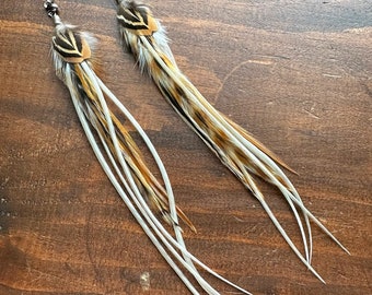 Real Feather Earrings - Brown Cream White and Black Feather Earrings - Rooster & Pheasant Feather Earrings - Boho Western (Ready to Ship)