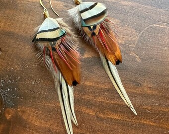 Real Feather Earrings - Undyed Rooster and Pheasant Feather Earrings - Colorful Natural Feather Earrings (Ready to Ship)