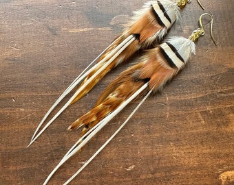 Real Feather Earrings - Natural Brown and Cream White Feather Earrings - Long Rooster and Pheasant Feathers (Ready to Ship)