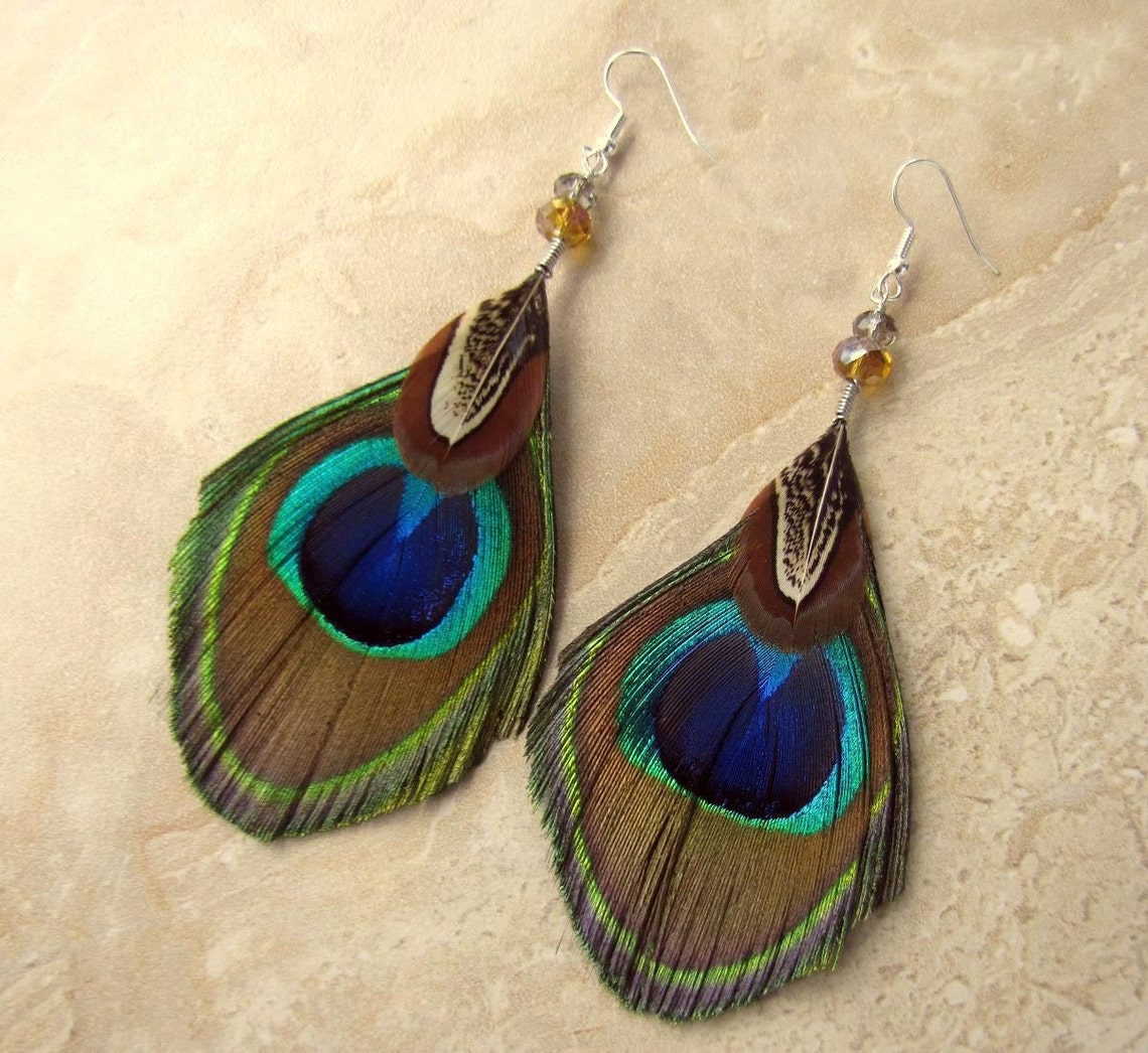 Peacock Feather Earrings Beaded Feather Earrings Peacock Etsy