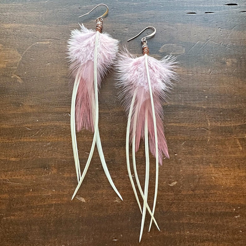Pink Feather Earrings Long Light Pink and Cream White Feather Earrings Real Rooster Feather Earrings Copper Earrings Ready to Ship image 2