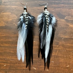 Long Feather Earrings Black Feather Earrings Black and White Feather Earrings Long Rooster Feather Earrings Goth Witchy Earrings image 2