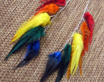 Feather Earrings - Long Colorful Rainbow Feather Earrings - Gay Pride Earrings - Long Bright Feather Earrings - Pride Festival Earrings