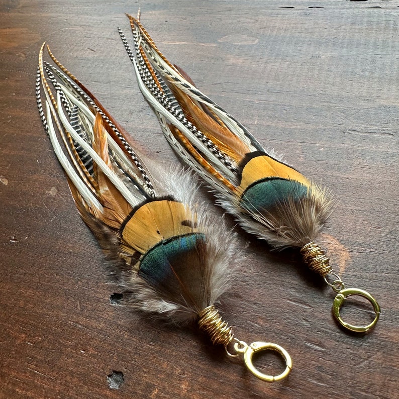 Big Feather Earrings Brown Black Green & Cream White Feather Earrings Real Undyed Rooster and Pheasant Feather Earrings Ready to Ship image 4