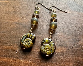 Czech Glass Ammonite Earrings - Rustic Dangle Earrings - Multi Color Beaded Earrings - Nautilus Earrings - Fossil Earrings (Ready to Ship)