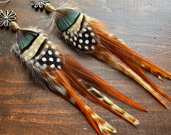 Floral Feather Earrings - Brown Black White and Green Feather Earrings - Long Undyed Rooster Feather Earrings (Ready to Ship)