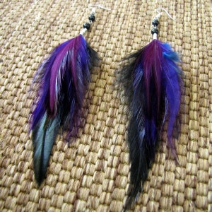 Long Feather Earrings - Purple and Black Feather Earrings - Long Dark Feather Earrings - Beaded Feather Earrings - Goth Feather Earrings