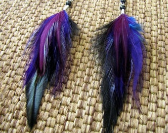 Long Feather Earrings - Purple and Black Feather Earrings - Long Dark Feather Earrings - Beaded Feather Earrings - Goth Feather Earrings