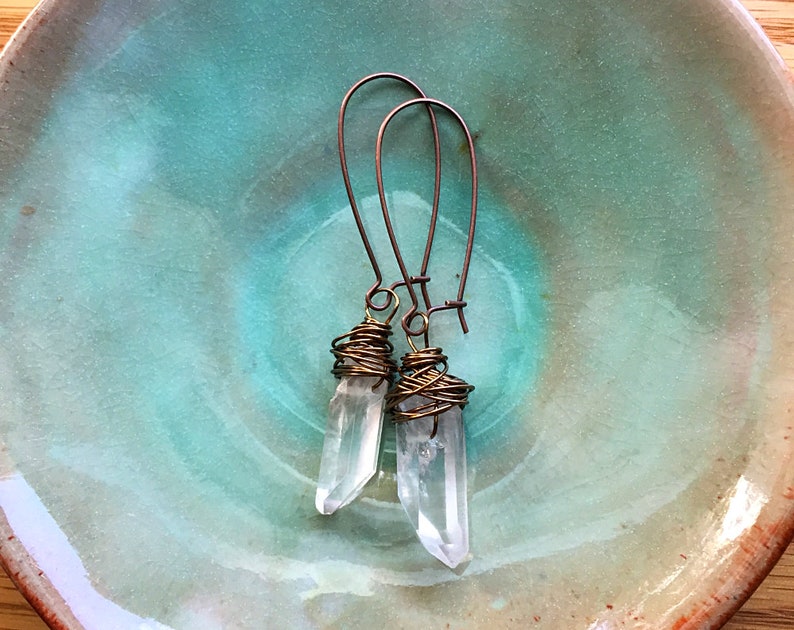 Raw Quartz Earrings Antiqued Brass Dangle Earrings Clear Quartz Earrings