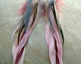 Long Feather Earrings - Colorful Beaded Feather Earrings, Pink, Ivory and Gray Feathers