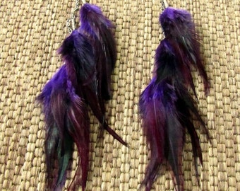 Purple Feather Earrings - Long Violet Feather Earrings - Colorful Rooster Feather Earrings - Dark Purple Boho Feather Earrings