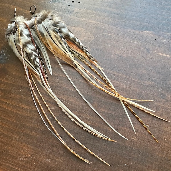 Extra Long Feather Earrings - Long Thin Grizzly Rooster Feather Earrings - Brown Black and White Striped Feather Earrings (Ready to Ship)