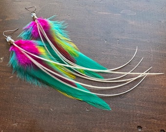 Colorful Feather Earrings - Bright Teal Blue Pink & Yellow Feather Earrings - Long Rooster Feather Earrings - Spring Summer (Ready to Ship)