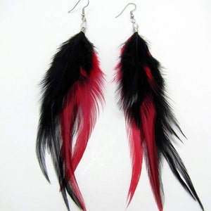 Long Feather Earrings - Black and Red Rooster Feather Earrings - Black Feather Earrings - Red Feather Earrings - Goth Vampire Jewelry