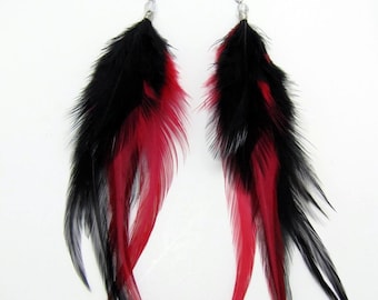 Long Feather Earrings - Black and Red Rooster Feather Earrings - Black Feather Earrings - Red Feather Earrings - Goth Vampire Jewelry