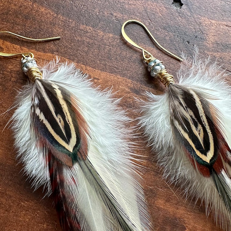 May include: A pair of feather earrings with gold wire wrapped around the top and silver beads. The feathers are white with brown and black stripes and red accents.