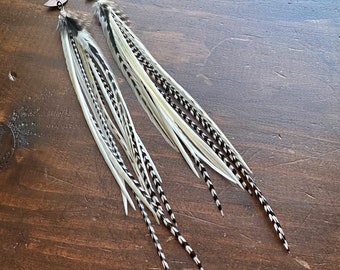 Long Feather Earrings - Black & Cream White Feather Earrings - Thin Feather Earrings - Real Feathers - Western Boho Earrings (Ready to Ship)