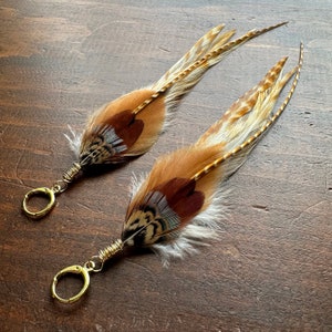 Real Feather Earrings - Brown Blue and Cream Rooster and Pheasant Feather Earrings - Long Western Boho Feather Earrings