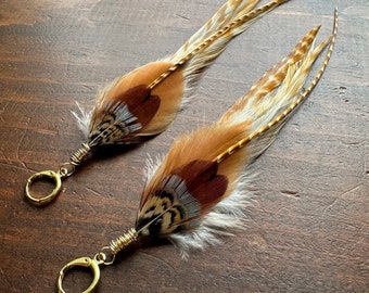 Real Feather Earrings - Brown Blue and Cream Rooster and Pheasant Feather Earrings - Long Western Boho Feather Earrings