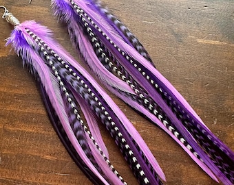 Purple Feather Earrings - Long Colorful Rooster Feather Earrings - Skinny Feather Earrings - Long Striped Feather Earrings