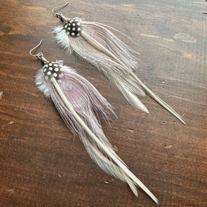 Long Feather Earrings Lilac and Cream White Rooster and Peacock Feather Earrings Rooster Peacock and Guinea Hen Earrings Ready to Ship image 1