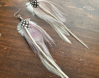 Long Feather Earrings - Lilac and Cream White Rooster and Peacock Feather Earrings - Rooster Peacock and Guinea Hen Earrings (Ready to Ship)