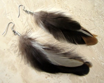 Real Feather Earrings - Natural Black and Brown Feather Earrings - Fluffy Undyed Rooster Feather Earrings - Boho Hippie Earrings