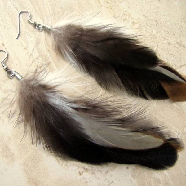 Real Feather Earrings - Natural Black and Brown Feather Earrings - Fluffy Undyed Rooster Feather Earrings - Boho Hippie Earrings