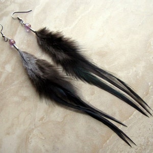 Long Feather Earrings - Black Feather Earrings - Simple Feather Earrings - Long Black Rooster Feather Earrings