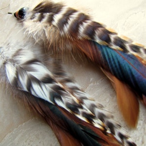 Real Undyed Feather Earrings - Natural Beaded Rooster Feather Earrings - Long Striped Feather Earrings - Boho Western Hippie