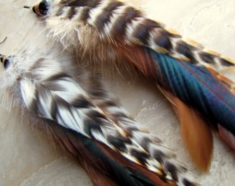 Real Undyed Feather Earrings - Natural Beaded Rooster Feather Earrings - Long Striped Feather Earrings - Boho Western Hippie