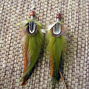 Rooster Feather Earrings - Olive Green and Brown Feather Earrings - Long Beaded Feather Earrings - Boho Hippie Earrings - Fall Colors