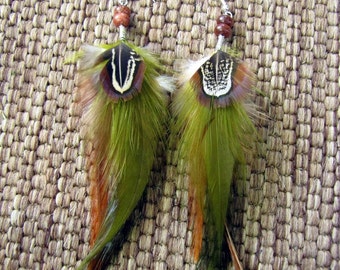 Rooster Feather Earrings - Olive Green and Brown Feather Earrings - Long Beaded Feather Earrings - Boho Hippie Earrings - Fall Colors