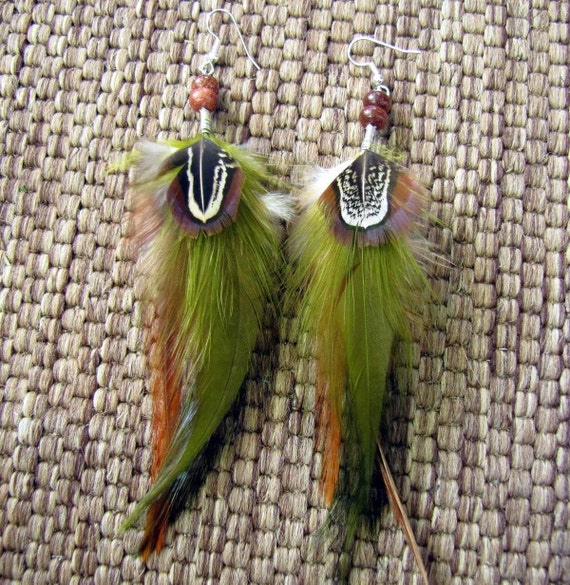 Feather Earrings Olive Green Feather Earrings Green and Brown