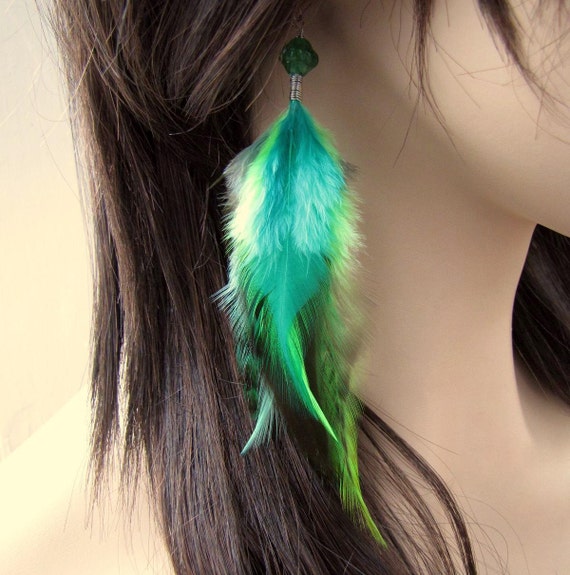 Beaded Feather Earrings Green Feather Earrings Beaded Feather