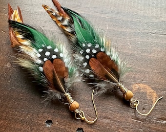 Real Feather Earrings - Brown and Forest Green Feather Earrings - Rooster Pheasant and Guinea Hen Feather Earrings